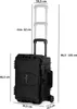 A black transport case with wheels and a retractable handle, with dimensions indicated by text and lines. Produktbild-Vorschau