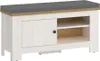 A white and wood-grain bench with a gray cushion. Produktbild-Vorschau