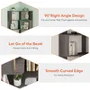 Collage of images showcasing a gray corner bookshelf with text highlighting its features. Produktbild-Vorschau