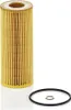 A yellow oil filter with a black rubber ring and a small copper washer on a white background. Produktbild-Vorschau
