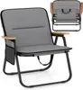 A gray folding camping chair with wooden armrests is shown from the front. A smaller image of the folded chair is in the upper right corner. Anteprima dell’immagine prodotto