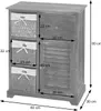 A gray wooden cabinet with three woven baskets and a louvered door, with dimensions indicated by measurement lines and text. Produktbild-Vorschau