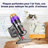 A cordless vacuum cleaner is shown with a cat in the background and scented discs. Voir les images du produit