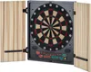 An electronic dartboard with its doors open, displaying the dartboard and digital score displays. Produktbild-Vorschau