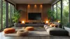 A modern living room with large windows overlooking a forest, featuring a sectional sofa, floor cushions, and a large TV. Náhled obrázku produktu