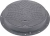 A gray manhole cover with a textured surface and a circular flange with bolt holes. Produktbild-Vorschau