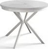 A round dining table with a marble-look top and white metal legs, shown from a slightly elevated angle against a white background. Produktbild-Vorschau