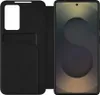 A black flip case for a smartphone is shown open, with the smartphone screen visible. Náhled obrázku produktu