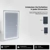 A product image showing a lighted mirror and marketing text about dimensions and customer service. Produktbild-Vorschau