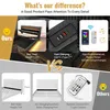 Collage comparing features of two beds, highlighting differences in bed head height, charging ports, and LED lighting. Produktbild-Vorschau