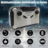 A product image of a multi-functional emergency radio with various features highlighted by icons and text overlays. Produktbild-Vorschau