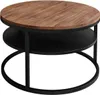 A round coffee table with a wooden top and a black metal frame and shelf. Produktbild-Vorschau