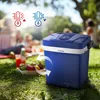 A blue cooler box is placed on grass in a park setting with people having a picnic in the background. There are also icons indicating temperature. Náhled obrázku produktu