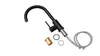 A black kitchen faucet with its accessories laid out on a white background. Produktbild-Vorschau