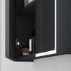 Close-up view of an open bathroom cabinet with a bottle of soap and a wooden box inside. The cabinet has a sleek, modern design with integrated LED lighting along the edge of the door. Produktbild-Vorschau