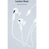 A pair of white earbuds with a lightning connector is displayed against a light gray background. Produktbild-Vorschau