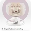 A baby swing with a beige fabric seat and a white base, set against a light purple and white background. The image highlights the adjustable rocking range feature with a graphic overlay. Anteprima dell’immagine prodotto