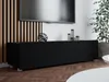 A modern living room with a TV stand and a large television mounted on a slatted wall. Produktbild-Vorschau