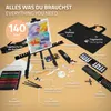 An art set laid out on a tan background, with various art supplies and a painting on an easel. Produktbild-Vorschau