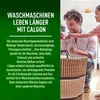 A man and a child are looking at a laundry basket. The left side of the image has marketing text about washing machines and Calgon. Produktbild-Vorschau