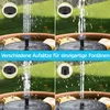 A collage of four images showing a solar-powered water fountain in a pond, with different attachments creating various water spray patterns. The text indicates different attachments for unique fountains. Produktbild-Vorschau