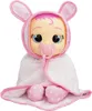 A doll with pink hair and bunny ears, wearing a pink and white polka dot outfit, wrapped in a white blanket with pink trim. Anteprima dell’immagine prodotto