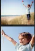 A young boy stands on a sand dune holding a pinwheel, with the ocean and beach in the background. The second image is a close-up of the boy with his arms raised. Anteprima dell’immagine prodotto