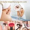 A collage of images showing a woman using a magnifying mirror, and close-ups of makeup application and shaving. Produktbild-Vorschau