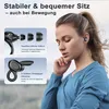 A woman wearing earbuds while exercising, with product feature callouts. Produktbild-Vorschau