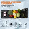 A portable car refrigerator filled with various fruits and vegetables, with icons representing different food categories below. Produktbild-Vorschau