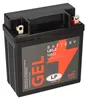 A black gel battery for a motorcycle, shown from a 3/4 angle. Produktbild-Vorschau