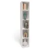 A tall, narrow white bookshelf with several shelves, holding books and decorative vases. Produktbild-Vorschau