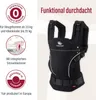 A black baby carrier is shown against a light background, with text and graphics highlighting its features and origin. Produktbild-Vorschau