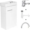 A white bathroom vanity with a sink and a chrome faucet, along with plumbing accessories, displayed against a white background. Náhled obrázku produktu