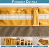 A collage of images showing details of a yellow curtain, including its height, a hanging loop, and different ways it can be hung. Anteprima dell’immagine prodotto