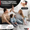 A family is high-fiving on a bed, with text overlays and a close-up of a drill. Produktbild-Vorschau