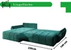A teal sectional sofa is shown unfolded as a bed, with dimensions indicated. Produktbild-Vorschau
