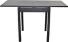 A dark wooden dining table with drop-leaf extensions. Produktbild-Vorschau