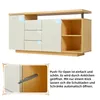 A sideboard with drawers and doors, shown with a close-up inset of a push-to-open mechanism and descriptive text. Produktbild-Vorschau