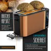 A copper-colored toaster with bread rolls on top, presented with marketing text and feature callouts. Voir les images du produit