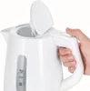 A hand is holding a white electric kettle, with the lid open. Produktbild-Vorschau