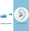 The image shows a comparison of earplugs before and after shaping, illustrating how they fit into an ear. Produktbild-Vorschau