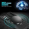 A black phone case with a magnetic ring stand is shown, with glowing blue lines indicating magnetic force. Text highlights 'N52 STRONG MAGNETIC'. Produktbild-Vorschau