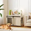 A golden retriever dog is lying on the floor in front of a wooden dog crate that is decorated with items on top. Náhled obrázku produktu