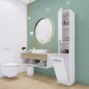 A modern bathroom with a toilet, sink, vanity, and a tall cabinet. Produktbild-Vorschau