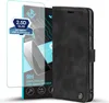 A black flip-style phone case and a screen protector are displayed against a white background. Produktbild-Vorschau