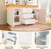 A white sideboard with LED lighting, featuring three drawers and two doors, is displayed in a room setting. The image is divided into three sections below the main product shot, highlighting specific features. Voir les images du produit