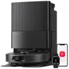 A black robot vacuum cleaner with its docking station, alongside a smartphone and a smartwatch displaying app interfaces. Produktbild-Vorschau