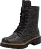 A single gray leopard-print biker boot with black laces and a platform sole, isolated on a white background. Voir les images du produit