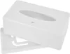A white plastic tissue box holder with its base plate shown separately. Produktbild-Vorschau